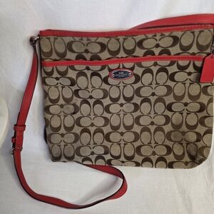 Coach Signature "C" File  Jacquard Crossbody with Red Trim